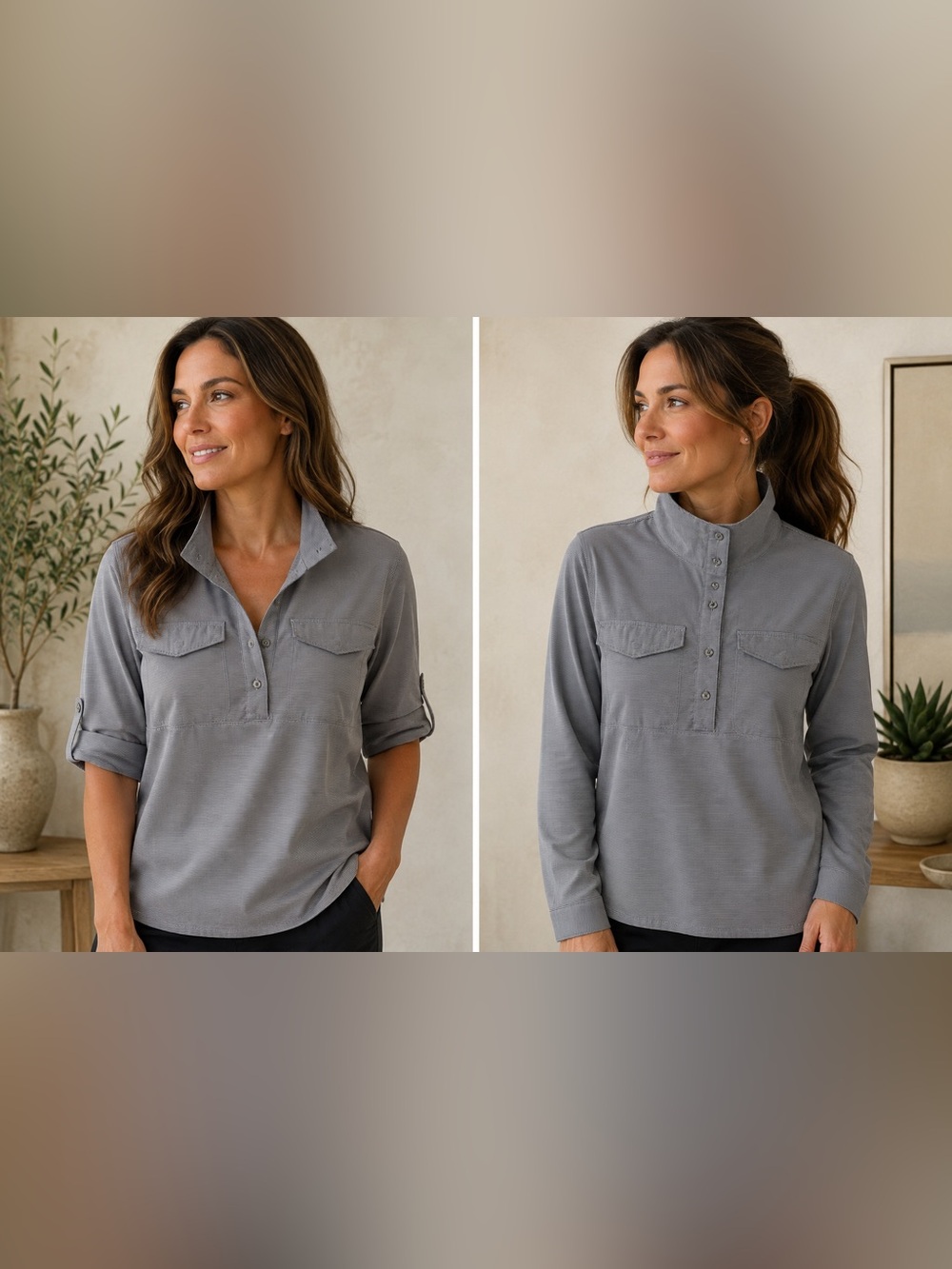 MOUNTAIN HARD WEAR Women's  Gray Pinstripe Button-Front Roll-Sleeve Shirt Sz M